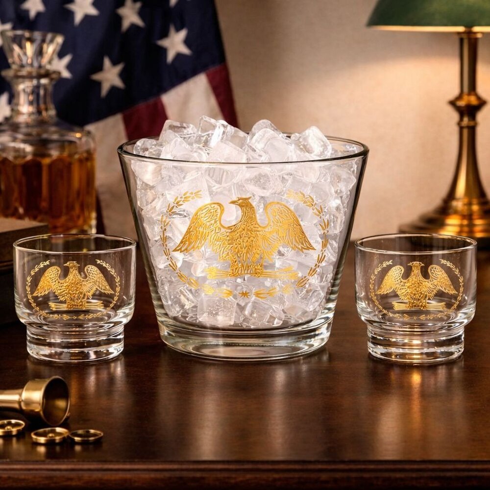 MCM Gold Eagle Barware Set Ice Bucket Rocks Glasses VTG Patriotic America 250